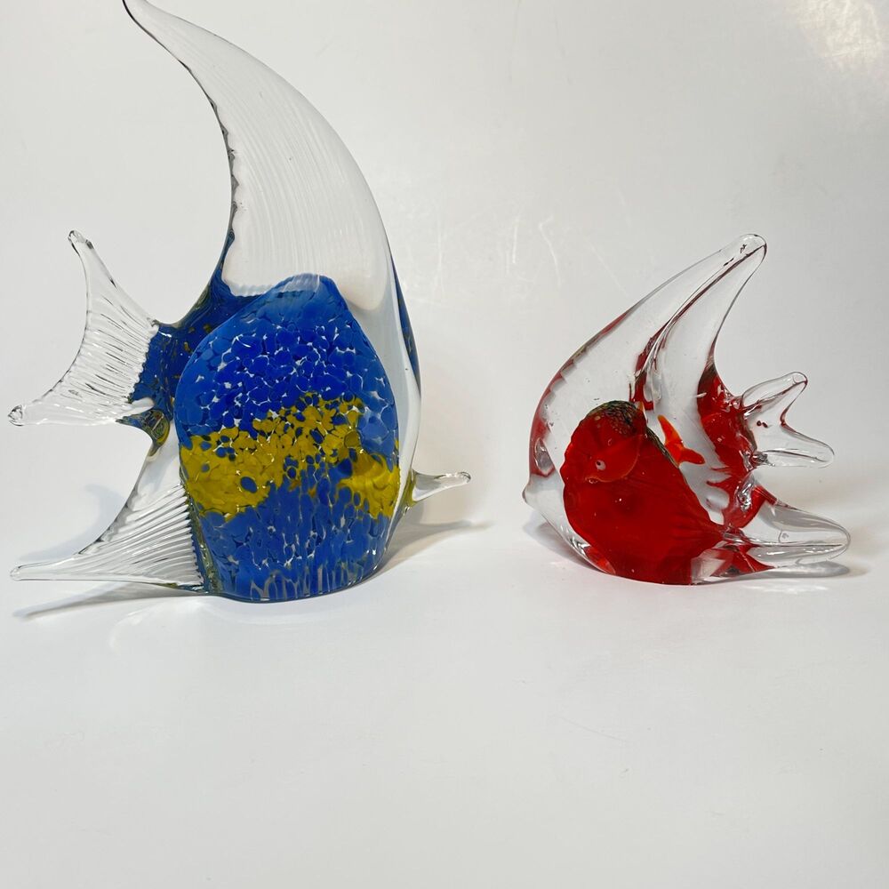 Vintage Art Glass Fish Figurines Paperweights Set of 2 Hand-Blown Nautical Decor